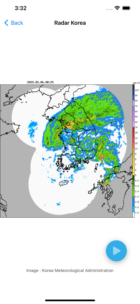 Echtzeit-Wetterradar-Karte von Korea, die Regen- und Schneestärke zeigt