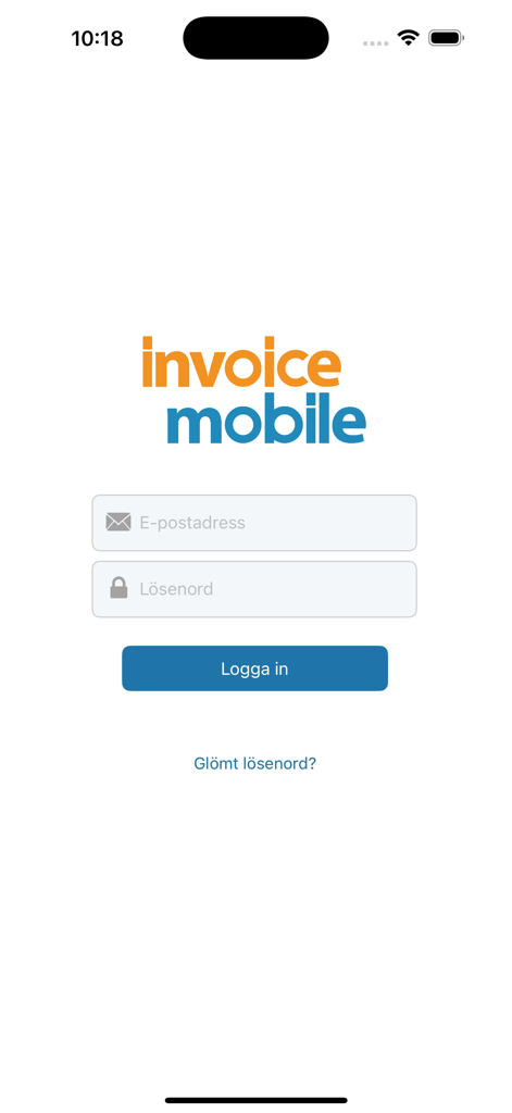 Pantalla de inicio de sesión de la aplicación Factura Móvil con campos de correo electrónico y contraseña