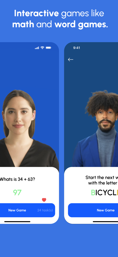 Mobile app screens showing interactive math and word games with AI companions