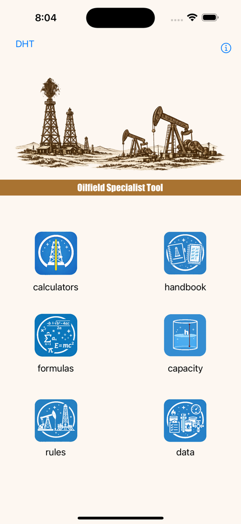 Main menu of the OilField Formulas iHandy Calc app showing various engineering calculator categories