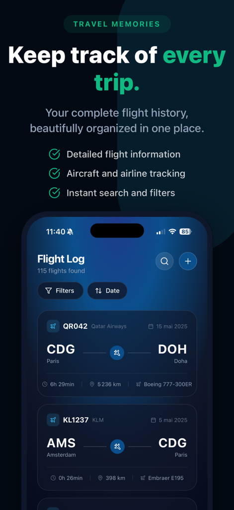FlightLog – Flight Logbook - iPhone-Bildschirm, der eine Liste von Flugprotokollen mit Routen von Paris nach Doha und Amsterdam nach Paris anzeigt, einschließlich Airline- und Flugzeugdetails