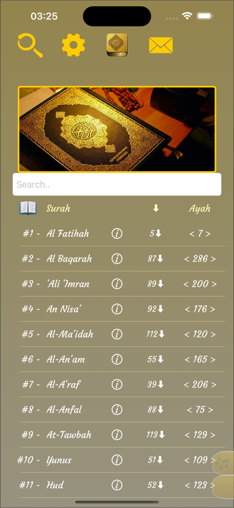 Screenshot of the Offline Quran Audio Reader 2 app displaying a numbered list of Surahs including Al Fatihah and Al Baqarah with a golden interface