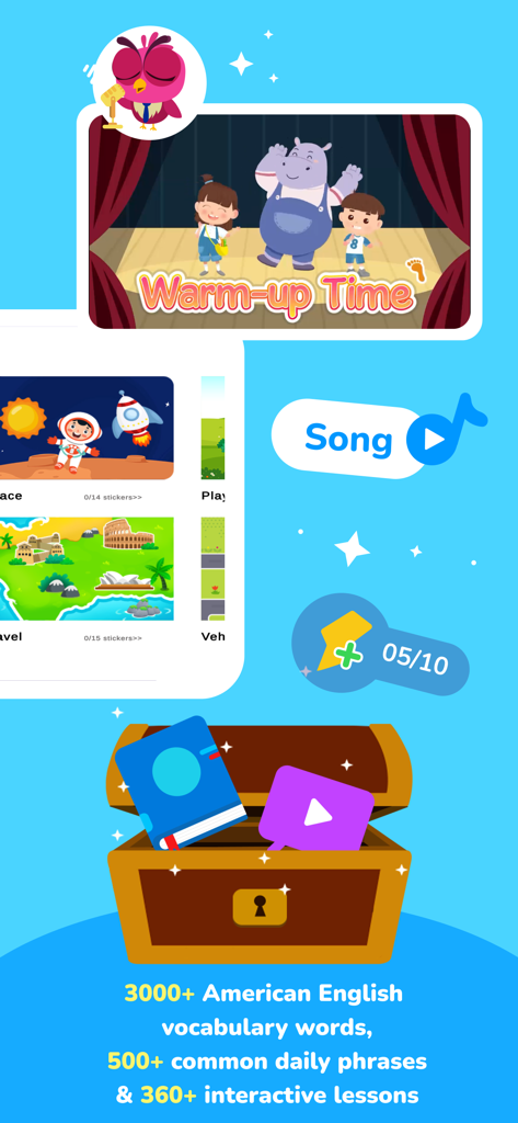 Babilala app interface for kids featuring American English vocabulary and interactive lessons.