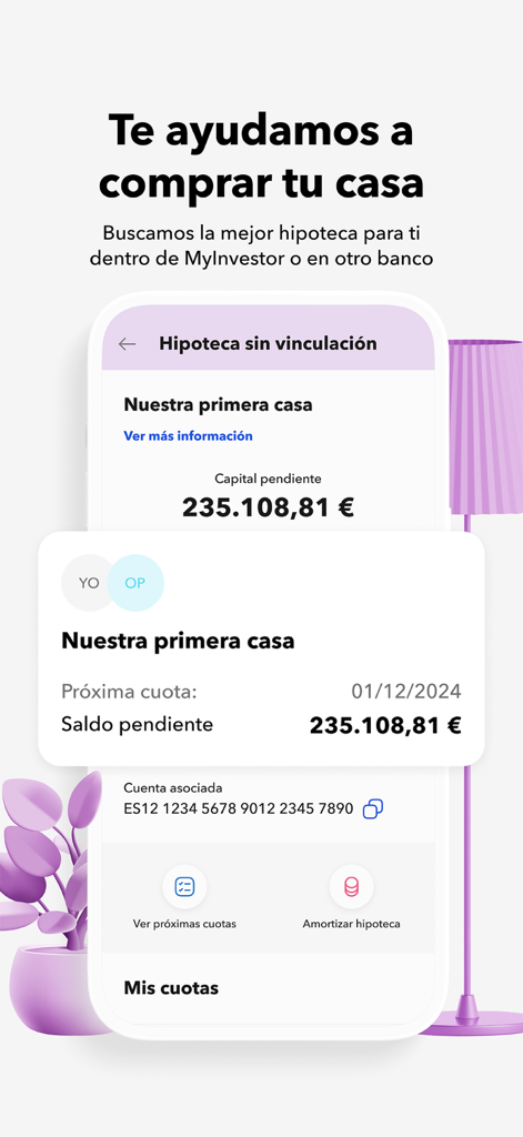 MyInvestor · Banco & Inversión - モバイルアプリの画面。住宅ローンの未払残高と支払いオプションが表示された住宅ローン管理を表示。