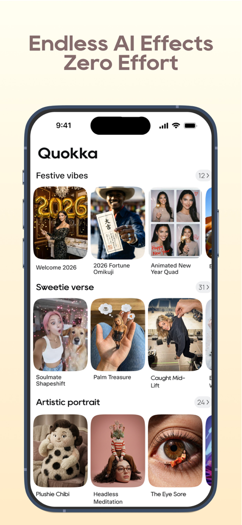 Quokka: AI Video Effects Maker - Mobile screen of Quokka app featuring festive and artistic AI video effect templates
