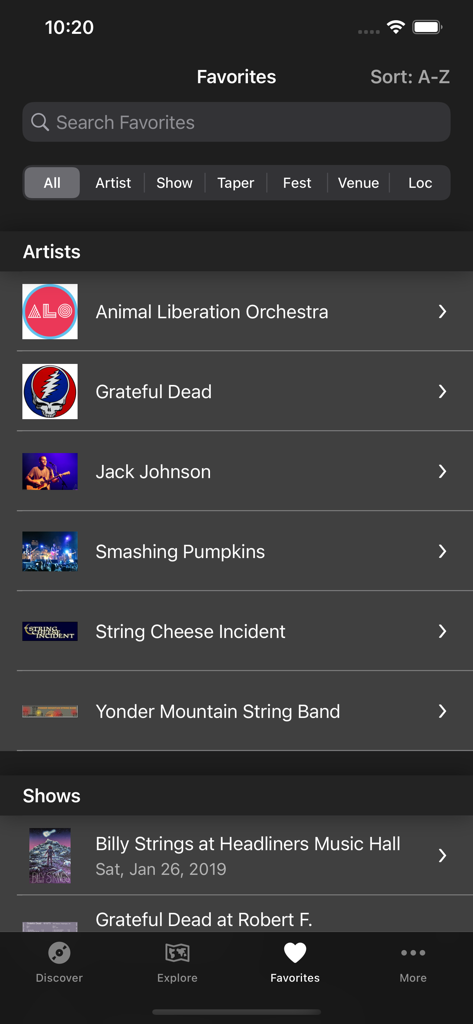 Live Music Archive - Favorites screen in the Live Music Archive app displaying a list of saved artists and concert recordings.