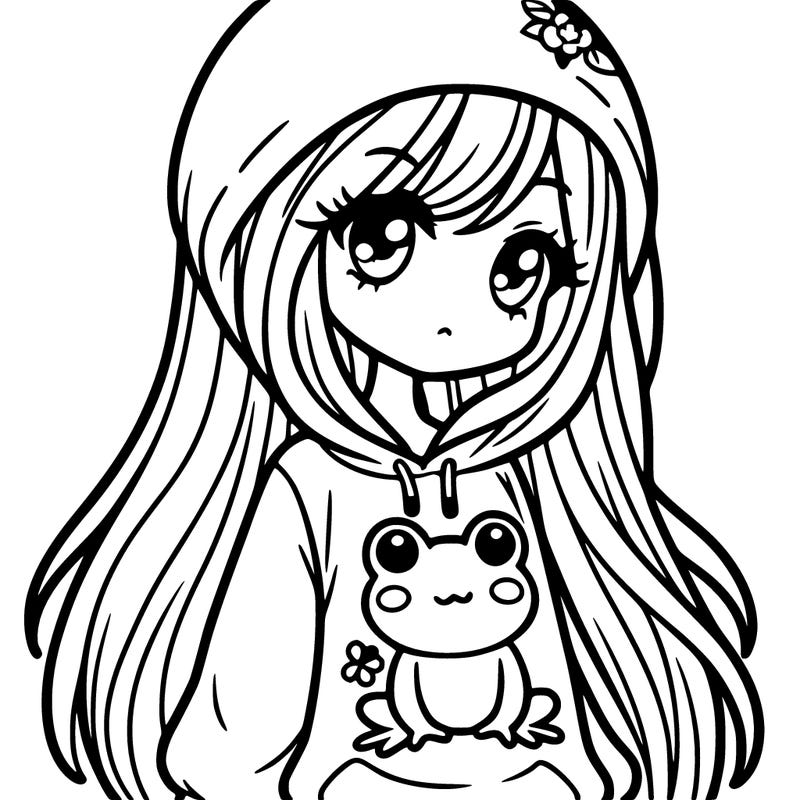 a girl wearing a frog sweatshirt and she has long hair and she is wearing the hood