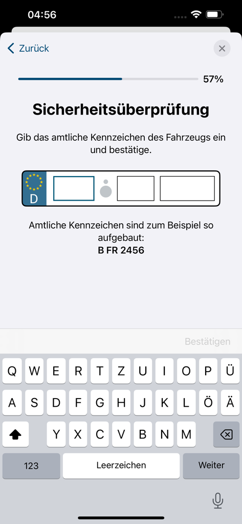 Sicherheitsüberprüfungsbildschirm in der i-Kfz-App mit einem Eingabefeld für deutsche Kfz-Kennzeichen und einer mobilen Tastatur.