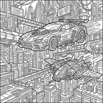 Blast into a futuristic world where high-tech vehicles navigate a neon-drenched Cyberpunk cityscape, all rendered in a dynamic Pop Art style. This intricate coloring page invites you to bring a vibrant, exciting scene to life with your favorite colors.