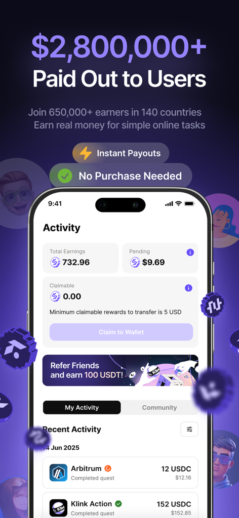 Klink: Earn Cash & Rewards - Klink app activity dashboard showing total earnings and recent crypto payouts to users
