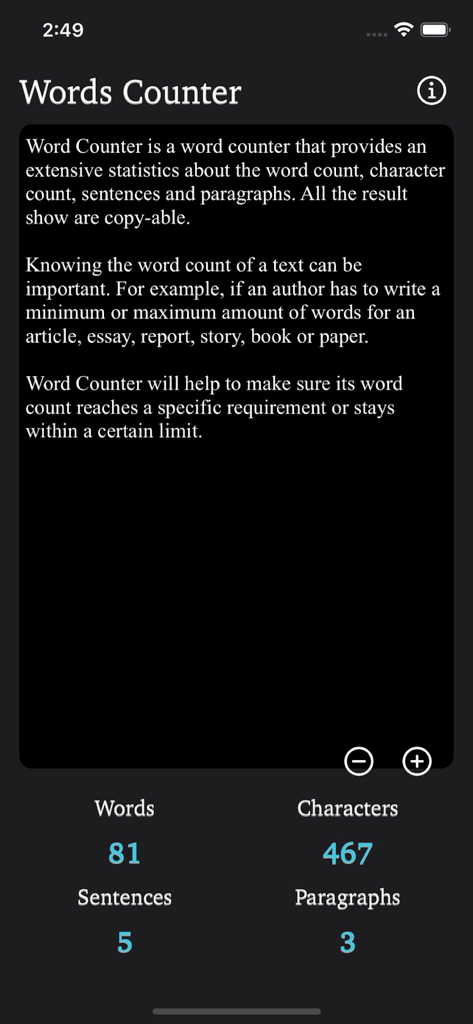 Interface of the Words Counter Plus app showing word and character statistics in dark mode