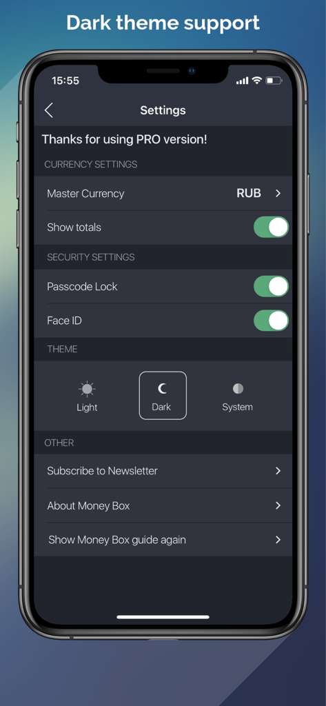 The settings screen of the Money Goals Savings Box app showing dark mode selection and security settings