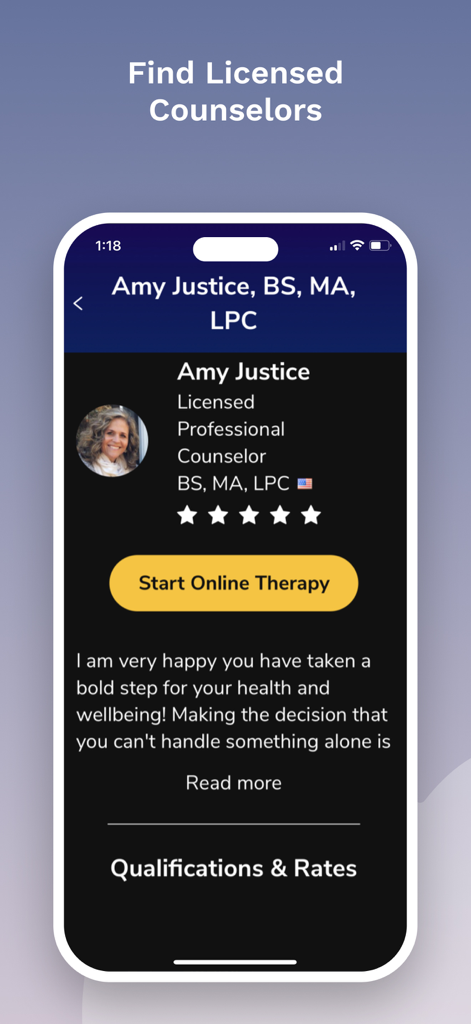 7 Cups: Online Therapy & Chat - Uma página de perfil para um conselheiro licenciado no aplicativo de terapia online 7 Cups.