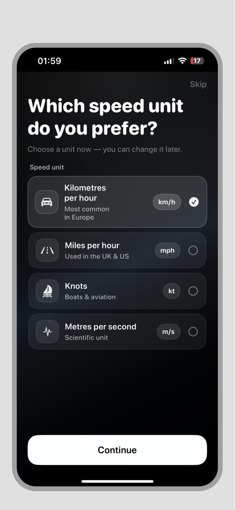 Écran de sélection des unités de vitesse dans l'application Compteur de vitesse de voiture montrant les options pour kmh mph nœuds et mètres par seconde