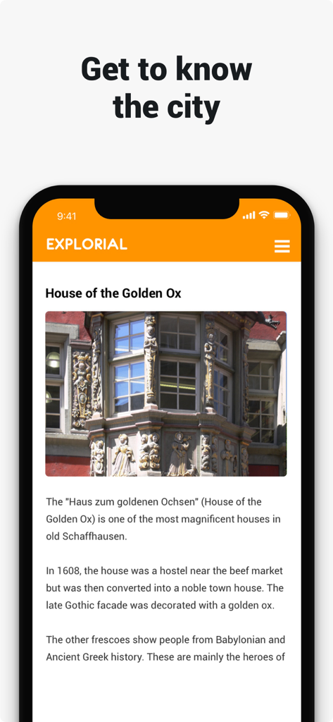 Explorial - Explorial app interface displaying historical facts and an image of the House of the Golden Ox during a city walking tour.