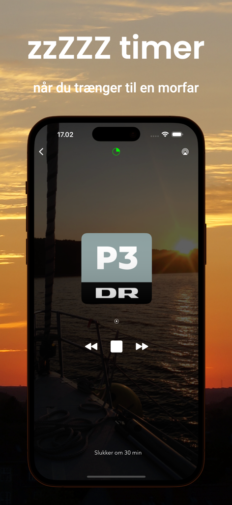 Pantalla del temporizador de apagado de la aplicación Radio plus mostrando la emisora DR P3 sobre un fondo de atardecer