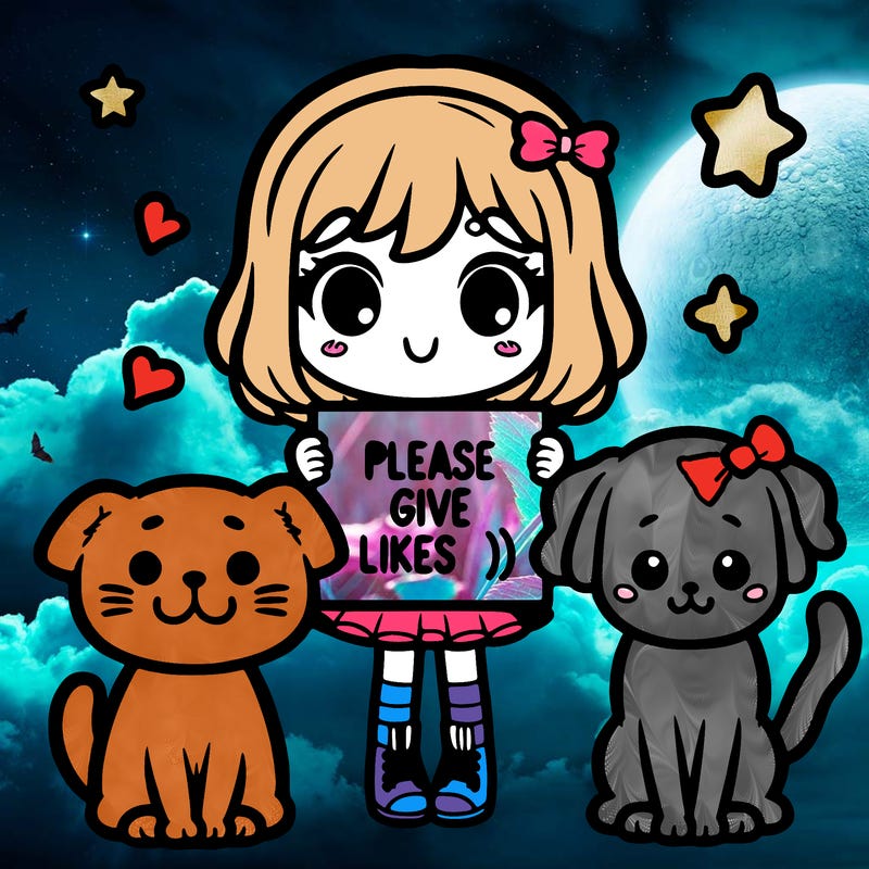cute girl with cat ans dog holding a sighn "please give likes :)"