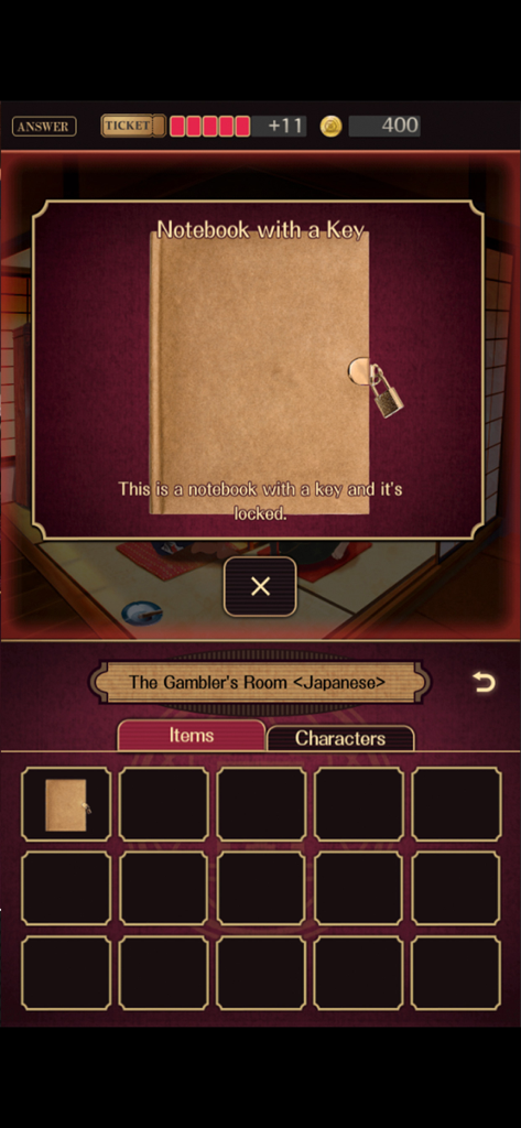 TASOKARE HOTEL - Uma captura de tela de TASOKARE HOTEL mostrando um caderno trancado com uma chave no menu de inventário de itens do jogador