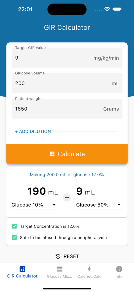 Dextrose Calc - GIR Calculator - Dextrose Calc app interface displaying GIR calculation inputs and results for neonatal care.