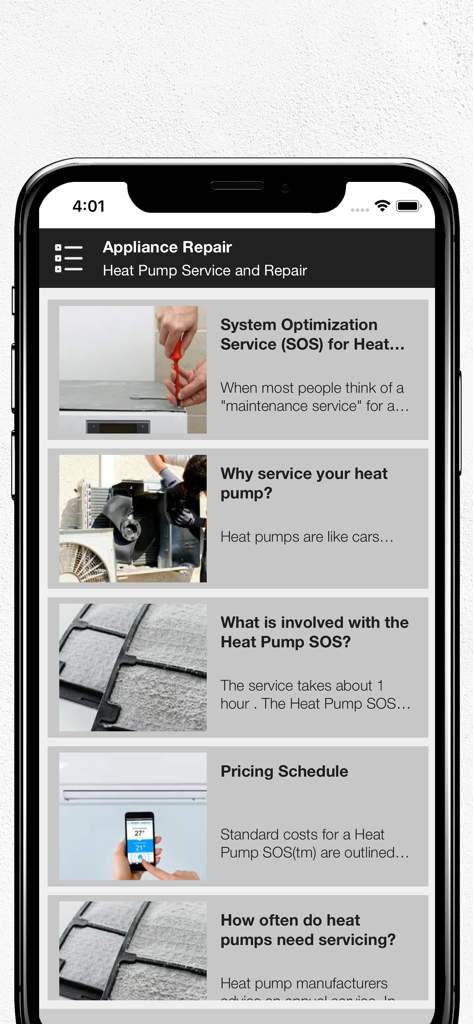 Interface d'application pour les options de service et de réparation de pompes à chaleur à Hobart, y compris l'optimisation du système et les prix.
