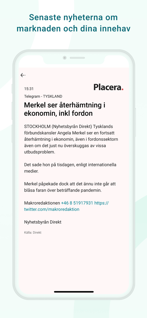 L'interface de l'application mobile Avanza affiche un article d'actualité financière sur la reprise économique.