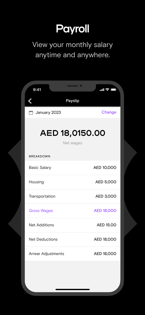 Mobile app interface of Bayzat showing a detailed monthly payslip and salary breakdown