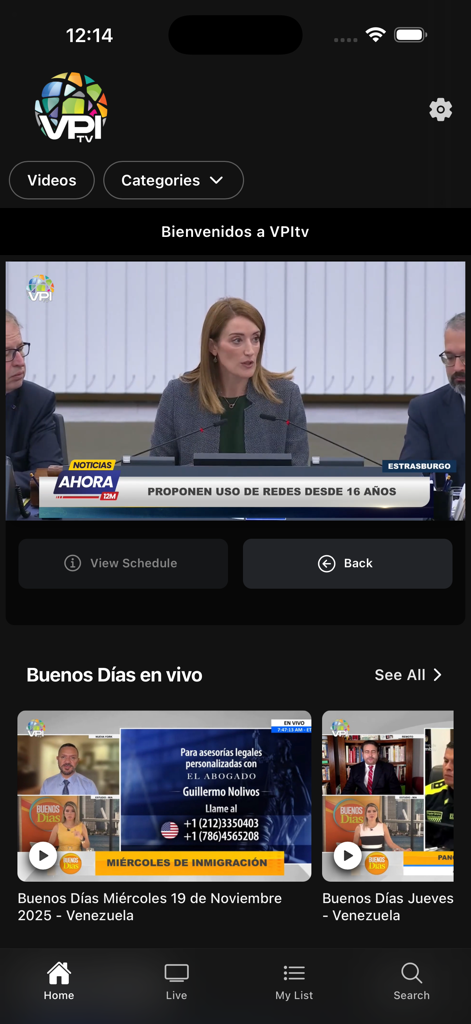 Pantalla de inicio de la app VPI TV mostrando transmisiones de noticias en vivo y categorías de video en español.