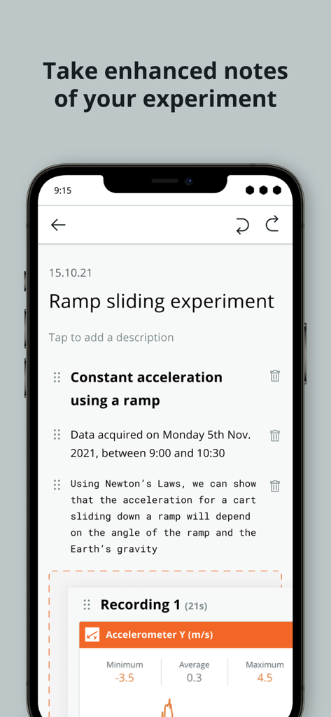 Arduino Science Journal - Arduino Science Journal screen showing notes and sensor data for a physics experiment.