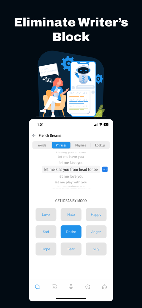 Songwriter app interface for generating lyrics by choosing a song mood
