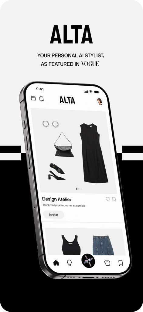 Alta Daily - The Alta Daily app on an iPhone showing a curated black dress outfit recommendation