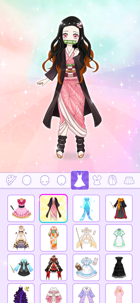 Anime Dress Up - Doll Dress Up - Interface of the Anime Dress Up app showing a character in a pink kimono and a grid of outfit options