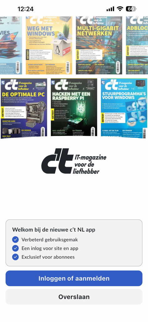 c't NL - Welcome screen of the c't NL app showing several Dutch IT magazine covers and login options.
