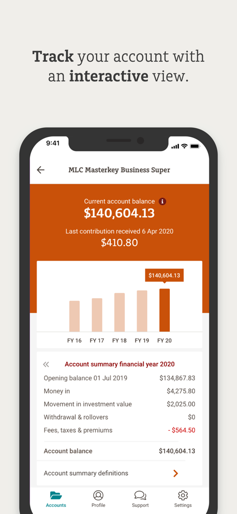 MLC app dashboard showing an interactive account balance graph and financial year summary