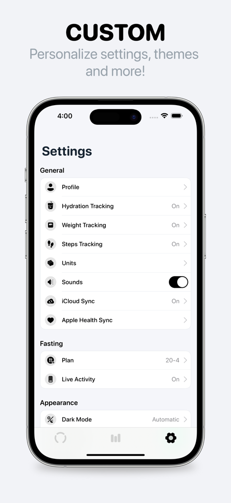 Easy Fast Tracker－FastMinder - Tela de configurações do aplicativo FastMinder mostrando opções de personalização para rastreamento de saúde e planos de jejum