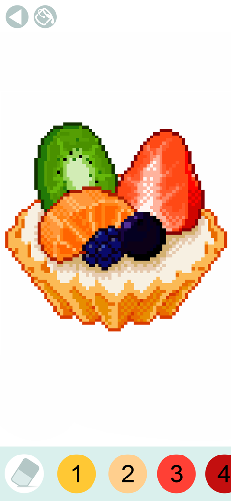 Pixel art fruit tart illustration in a color by number app interface