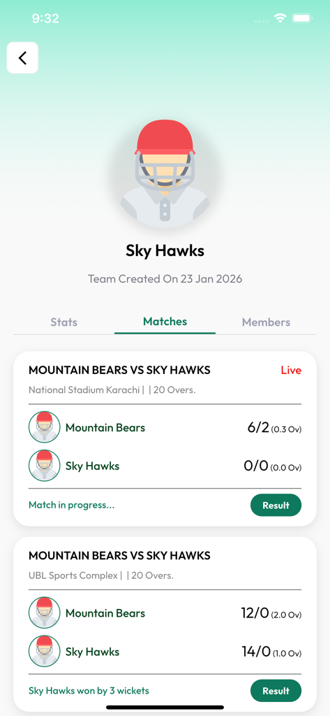CricPR - Digital Cricket Hub - Tableau de bord CricPR montrant l'historique des matchs de l'équipe de cricket et les scores en direct