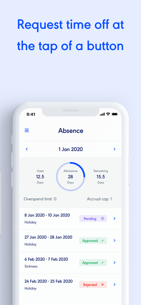 Rotaready - A mobile interface for the Rotaready app showing holiday allowance and a history of absence requests with status indicators