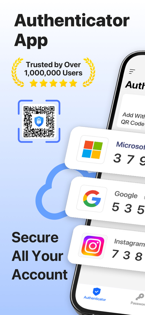 Authenticator App ｀ - Interfaz de la App de Autenticación mostrando códigos de seguridad 2FA para cuentas de Microsoft, Google e Instagram