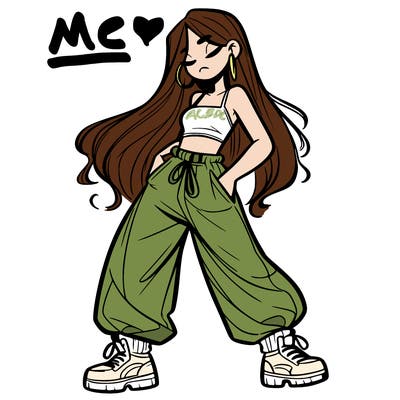 girl in baggy pants crop top and long hair