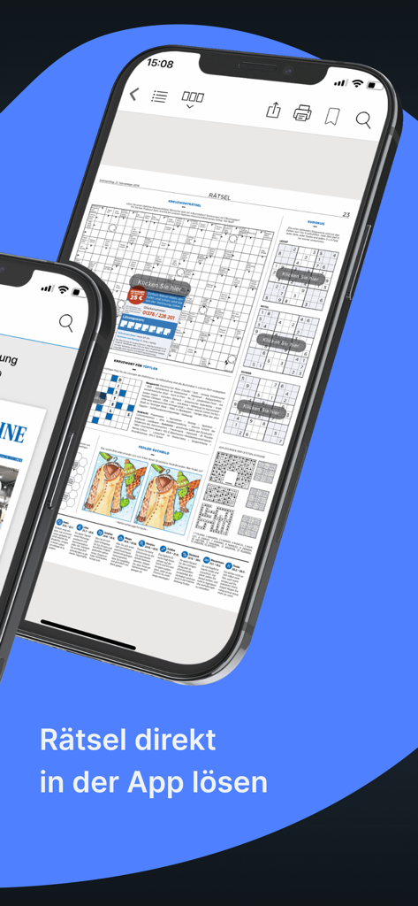 OAZ E-Paper Nachrichten-App, die interaktive Kreuzworträtsel und Sudoku-Rätsel auf einem Smartphone zeigt.