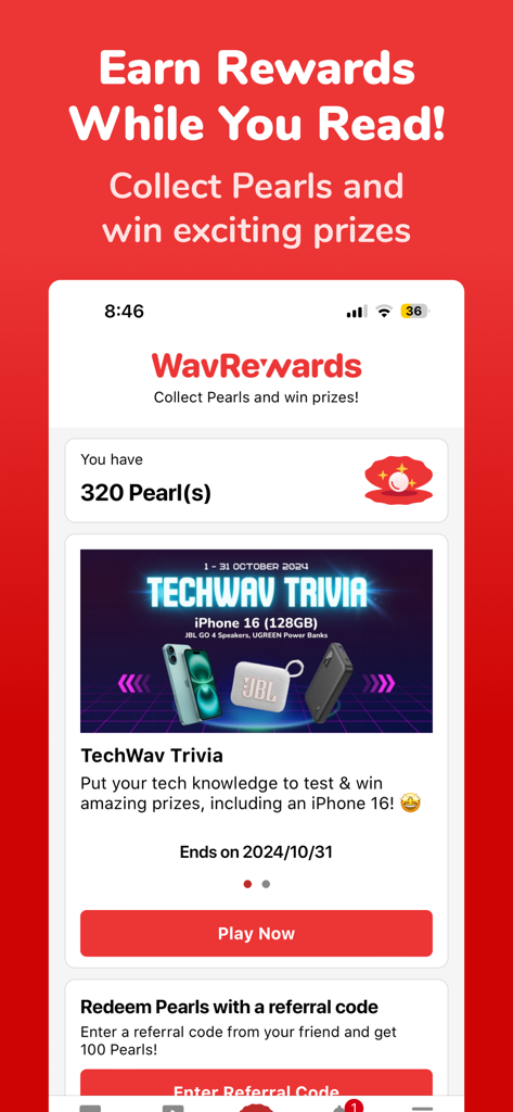 A screenshot of the Newswav app WavRewards page showing pearl collection and a tech trivia contest to win prizes like an iPhone 16