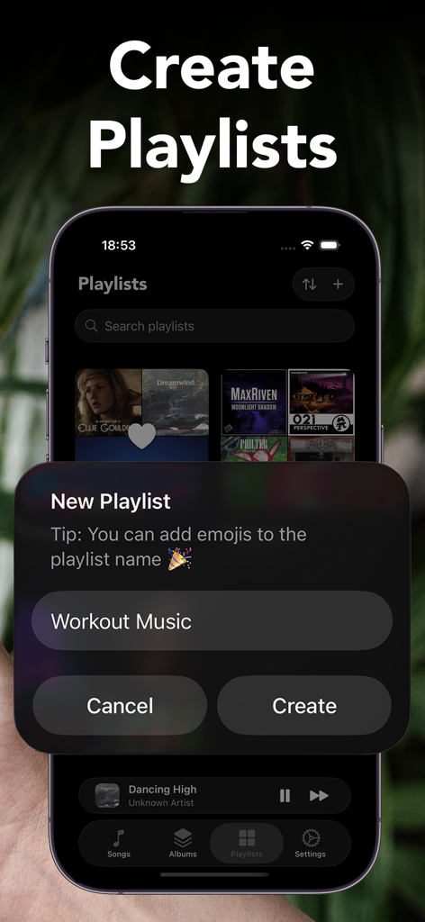 Flac Music Player: Soundlight - Soundlight app interface showing the creation of a new music playlist on a smartphone