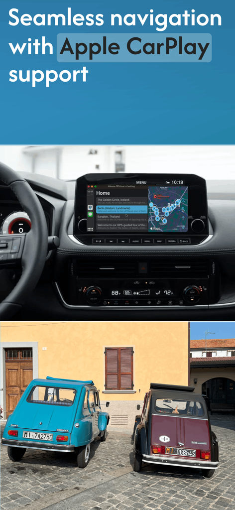 UCPlaces | Your tour guide app - UCPlaces selbstgeführte Tour-App wird über Apple CarPlay-Navigation auf einem Autodashboard angezeigt