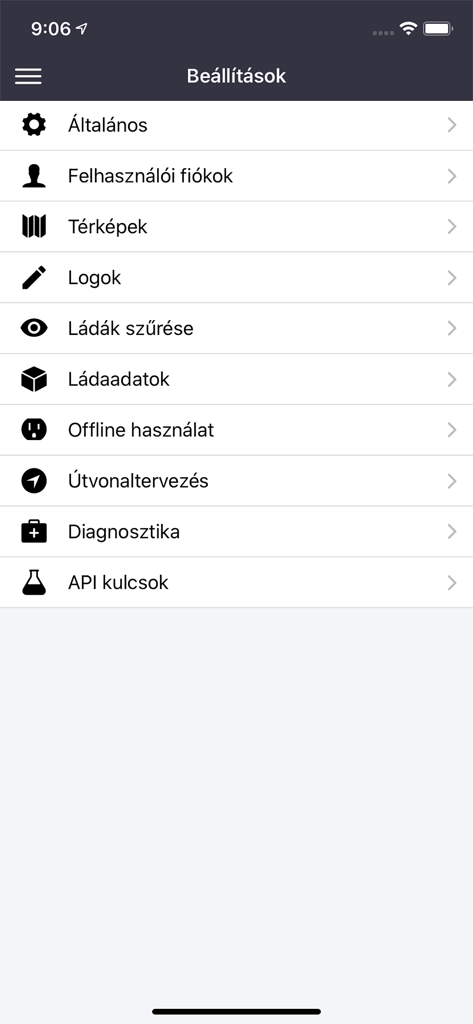 A screenshot of the settings menu in the Geoladak mobile application showing navigation and offline map options.