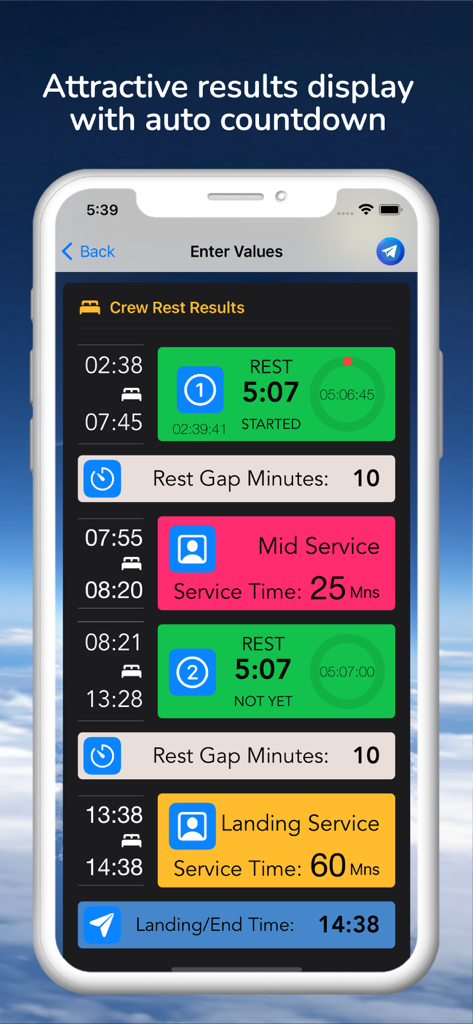 Inflight CrewRest - Inflight CrewRest app results screen showing color-coded rest periods and countdown timers for flight crews.