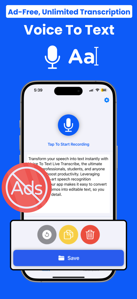 Voice To Text Transcribe Pro app interface showing the ad-free transcription recording screen