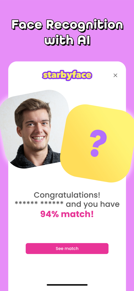 Star by Face·Celeb Lookalike - Interfaz de la app Star by Face que muestra un resultado de coincidencia de celebridad del 94 por ciento usando IA.