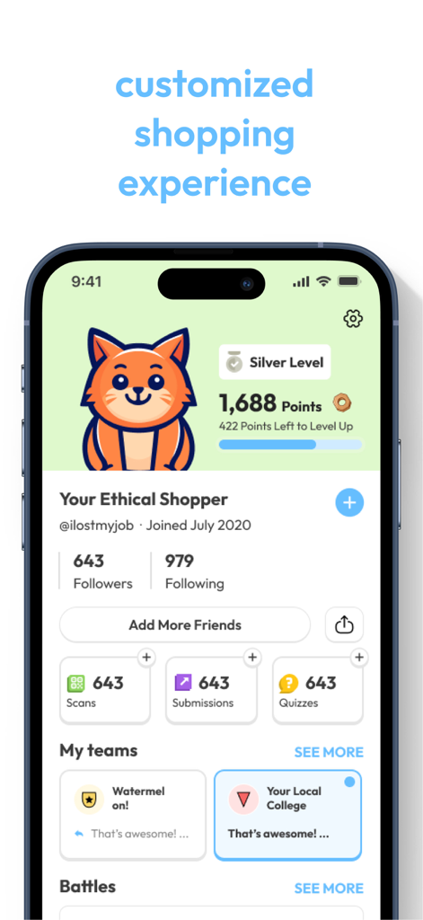 Boycat: Ethical Shopping - Interface do aplicativo Boycat mostrando pontos de usuário, nível e recursos de comunidade de compras éticas