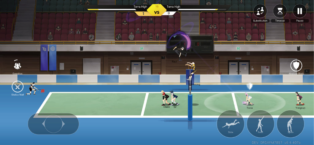 The Spike - Volleyball Story - In game screenshot of The Spike Volleyball Story showing a player spiking the ball in a 2D anime style match