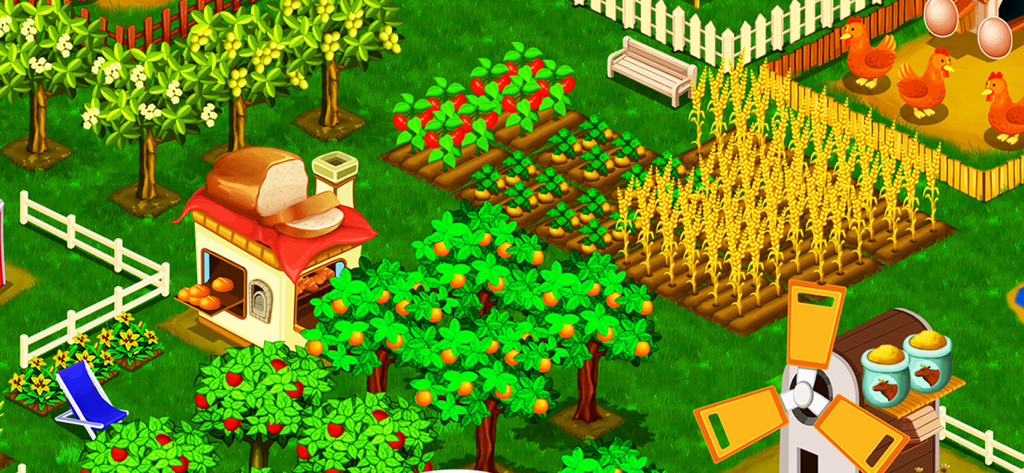 Farm City - Vibrant gameplay view of Farm City showing a bakery, wheat fields, fruit trees, and chickens in an isometric farm layout.